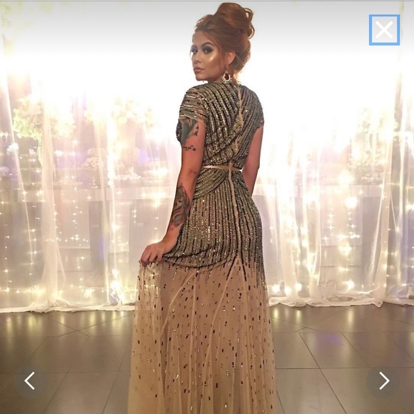 Adrianna-Papell beaded short sleeves V-Neck long evening Gown - Picture 13 of 16